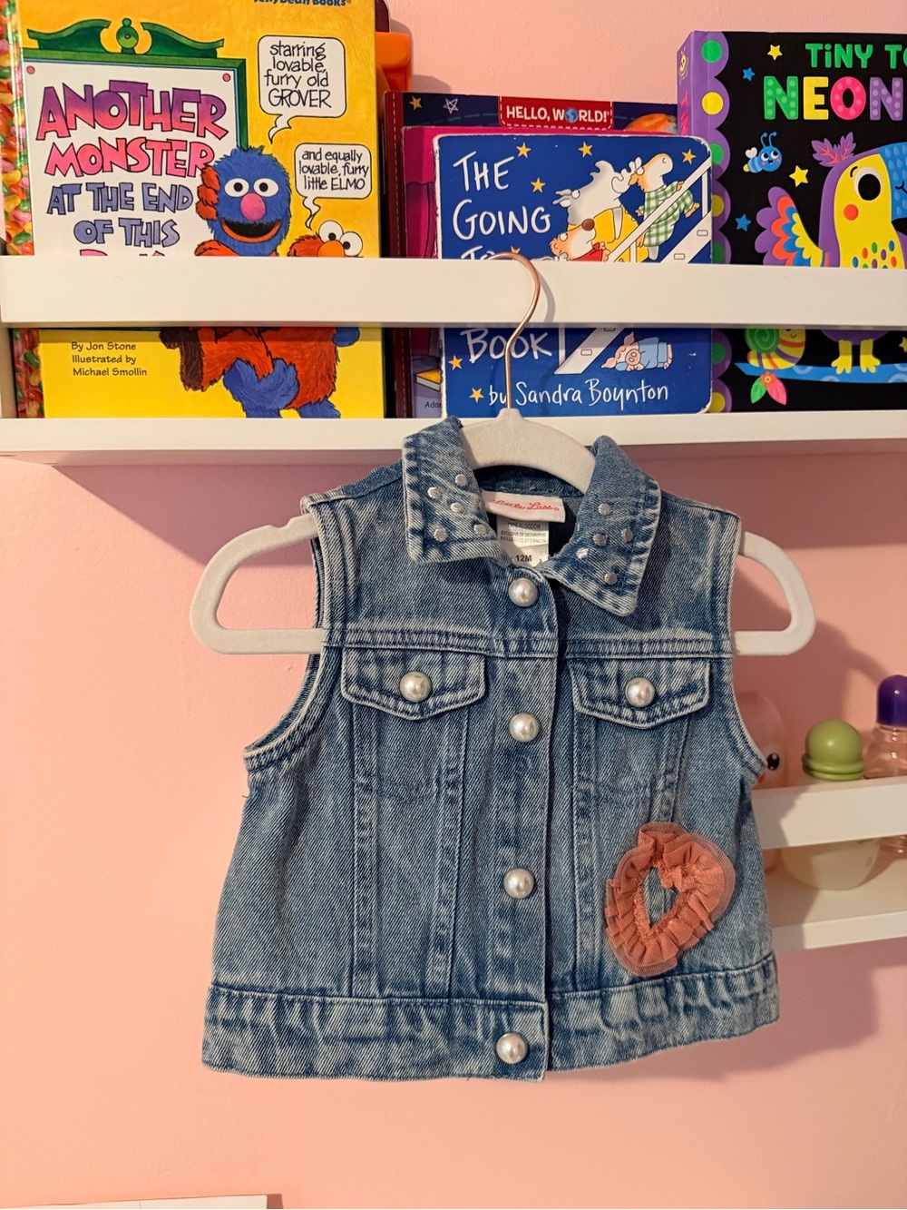 Little Lass Light Blue Denim Sleeveless Vest with Pink Heart